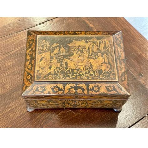 English Regency Penwork Double Handled Jewelry Box Chinoiserie For