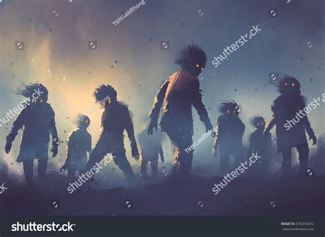 Halloween Concept Zombie Crowd Walking Night Stock Illustration ...