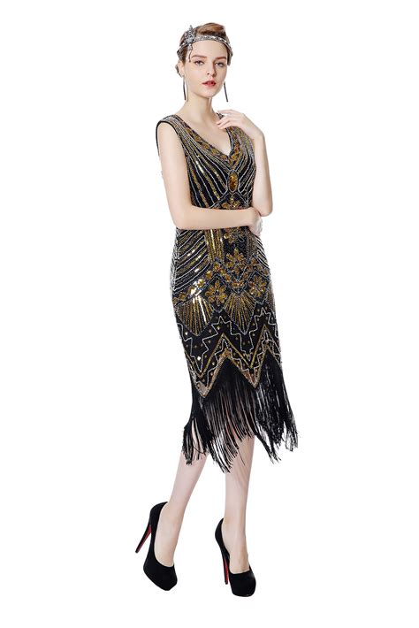 Metme Women's Flapper Dress 1920s V Neck Beaded Fringed Gatsby Theme