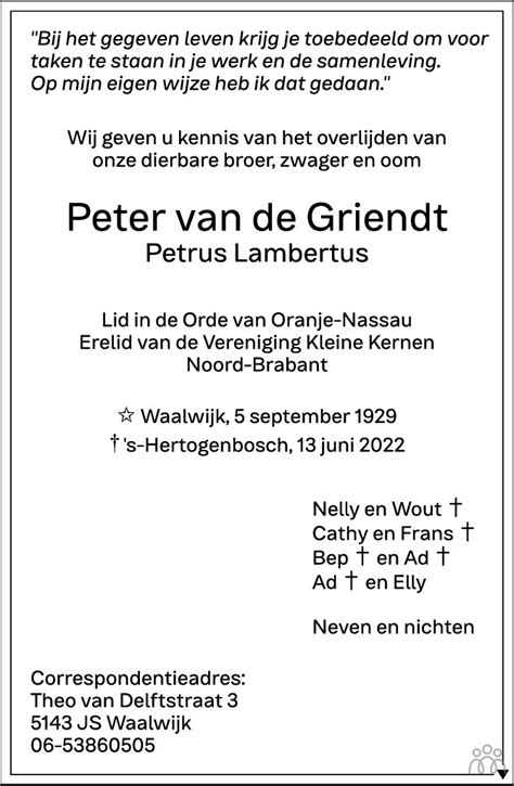 Peter Petrus Lambertus Van De Griendt 13 06 2022 Overlijdensbericht