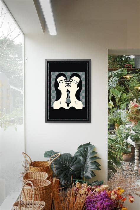 Two Girls Kissing Sapphic Art Print Subtle Lesbian Lovers Wall Art Wlw Poster Queer Digital Art