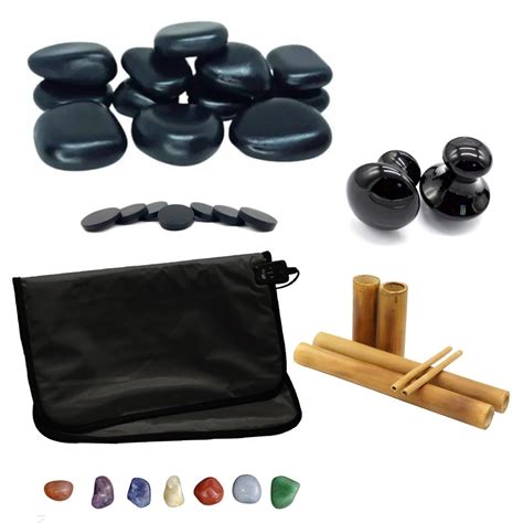 Kit Massoterapia 12 Basalto Bambu Podal Chakras Bolsa