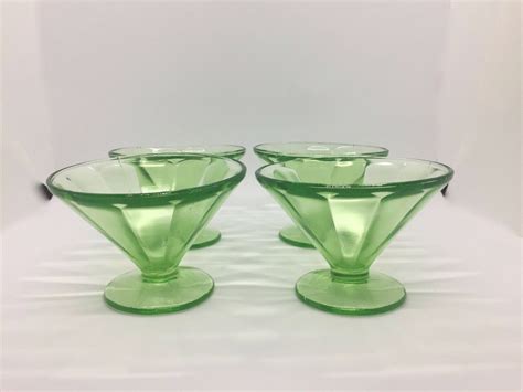 Federal Glass Fluted Pedestal Dessert Cups Green Uranium Glass Etsy