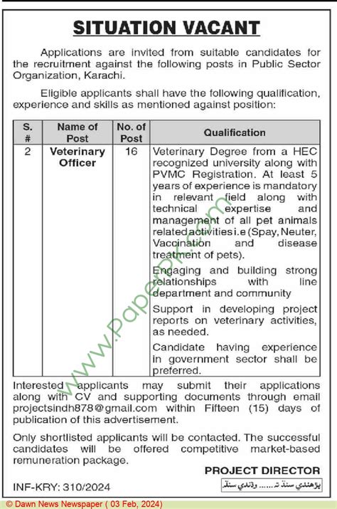 Veterinary Officer Jobs In Karachi At GOV Public Sector Organization