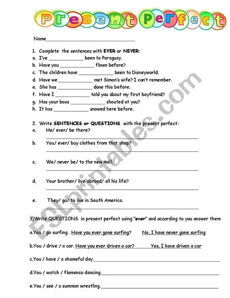 Present Perfect Never Ever Esl Worksheet By Catalina23