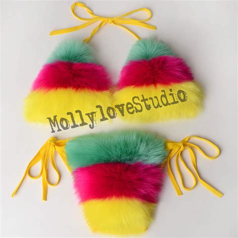 Multi Color Real Fox Fur Bikini Set One Size Strap Adjusted Etsy 日本