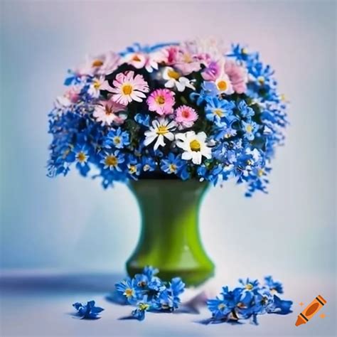 A Beautiful Bouquet Of White Daisies Blue Forget Me Nots And Pink Flowers