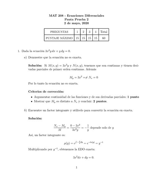 Pauta Prueba 2 EDO 2020 1 MAT 208 Ecuaciones DiferencialesPauta