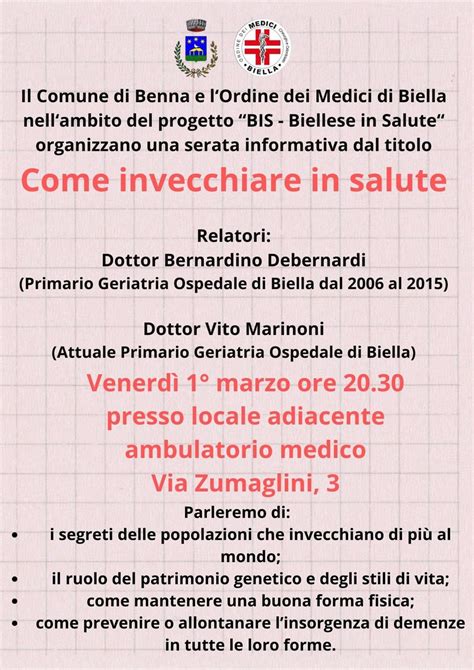 A Benna Una Serata Per Parlare Di Come Invecchiare In Salute