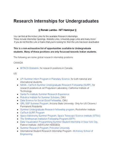 Research Internships For Undergraduates Pdf