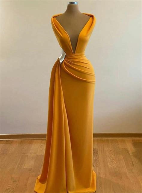 Yellow Mermaid Prom Dresses Deep V Neck Satin Sexy Evening Dress 2022 Cocktail Party Sweep Train