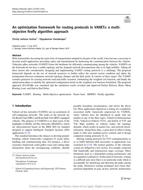 An Optimization Framework For Routing Protocols In Vanets A Multi