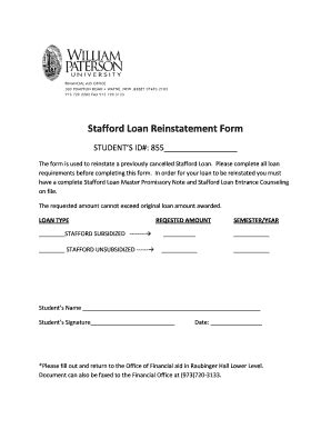 Fillable Online Cms Wpunj Stafford Loan Reinstatement Form William