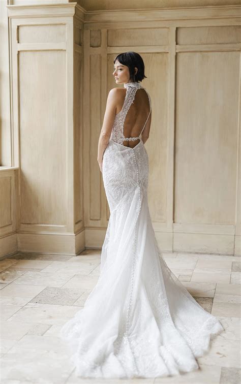 Low Back Column Wedding Dress with High Neckline