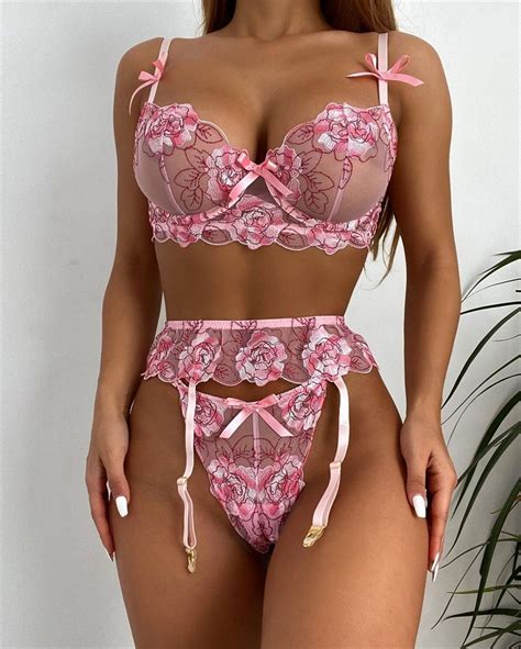 Embroidered Applique Lace Lingerie Mesh Sheer Honeymoon Wireless Matching Pieces Lingerie Set