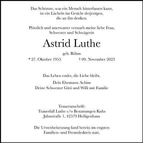 Traueranzeigen Von Astrid Luthe Trauer In Nrw De