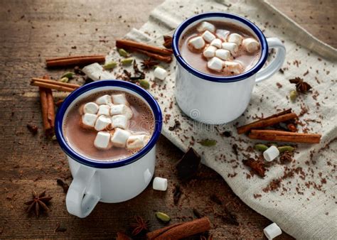 Varm Choklad Kakao Med Kryddan Och Marshmallow I Lantliga Koppar