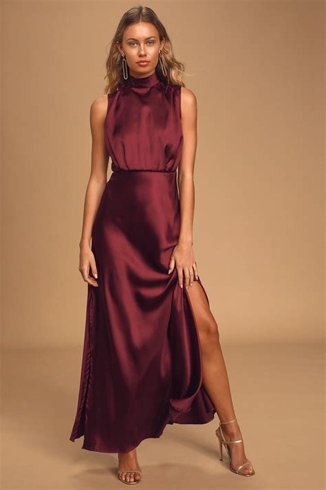 Wine Satin Dress Mock Neck Maxi Dress Sleeveless Dress Lulus