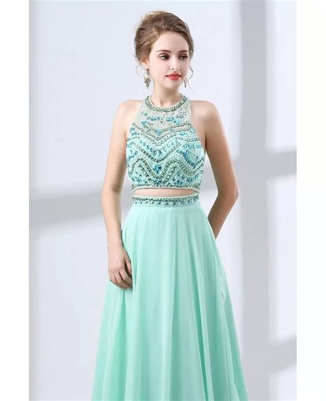 Two Piece Long Teal Prom Dress Sparkly With Crystal Halter Top Ch