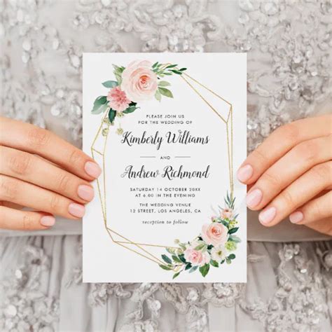 Gold And Blush Floral Geometric Wedding Invitation Zazzle