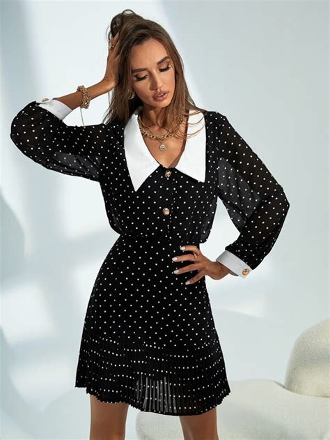 Robe chemise à pois à col contrastant Mode en ligne SHEIN FRANCE