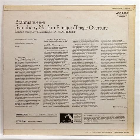 Brahms Symphony No 3 Tragic Overture By Sir Adrian Boult LP With