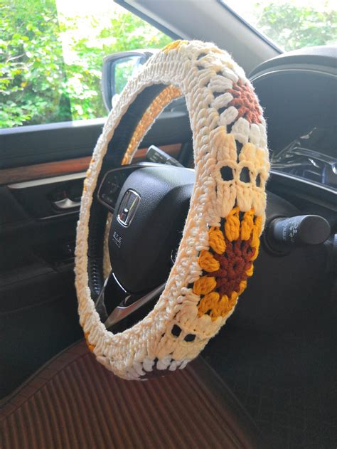 Steering Wheel Covercrochet Sunflower Steering Wheel Cover Etsy