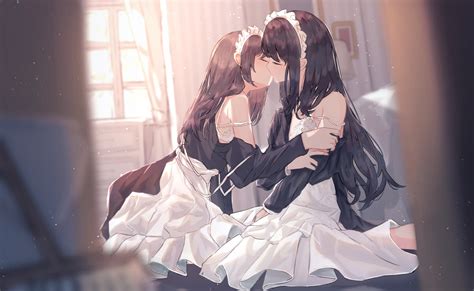 Wallpaper Anime Girls Kissing Maid Outfit Yuri Lesbians Closed