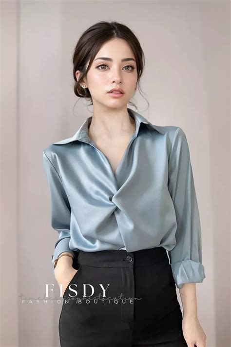 Fisdy Elegante Blusa De Satén Azul Inspirada En El Otoño Con Diseño Artístico In 2024 Satin