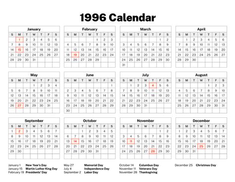 1996 Calendar – Old Calendars