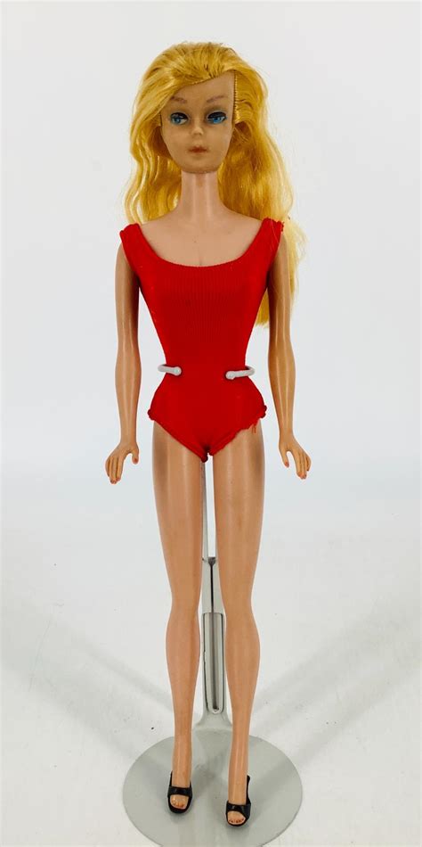 Lot Blonde Swirl Ponytail Barbie Wearing Red Bathing Suit And Black