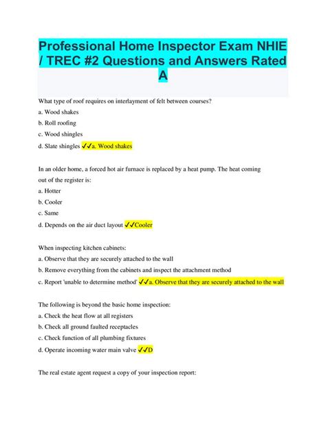 Professional Home Inspector Exam Nhie Trec Questions And Answers