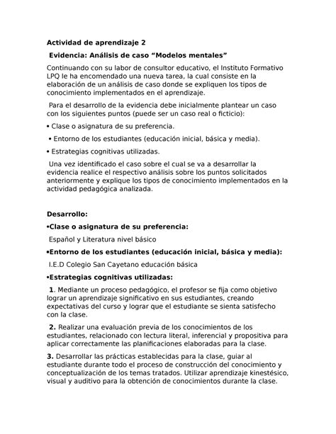 Actividad De Aprendizaje Analisis De Casos Modelos Mentales