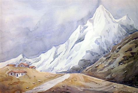 Beauty Of Himalaya Peaks Watercolor On Paper Painting Watercolour By