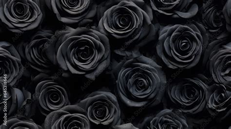 Seamless pattern. black roses beautifully arranged in top view. The theme is that black roses ...