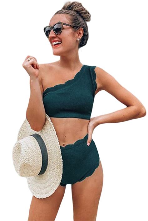 Green Scalloped Trim One Shoulder High Waist Bikini Swimwear High