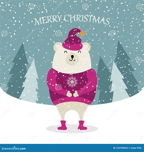 Beautiful Flat Design Christmas Card With Dressed Polar Bear Stock