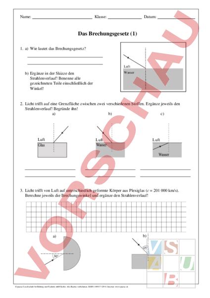 Arbeitsblatt Brechungsgesetz Physik Optik