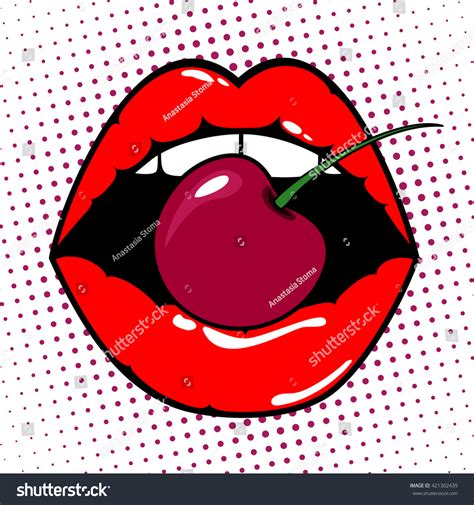 Woman Red Lips Cherry On Pop Stock Vector 421302439 Shutterstock