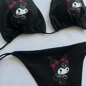 Kuromi Custom Bikini Set Bra Swimsuit Personalized Black Emo Goth Egirl Sanrio Edgy Bows Etsy