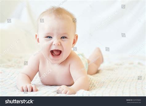 Joyful Cute Naked Baby On Knitted Stock Photo 587878880 Shutterstock