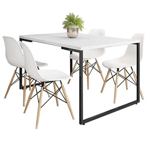 Mesa De Jantar Rivera Industrial Branco F01 04 Cadeiras Eiffel