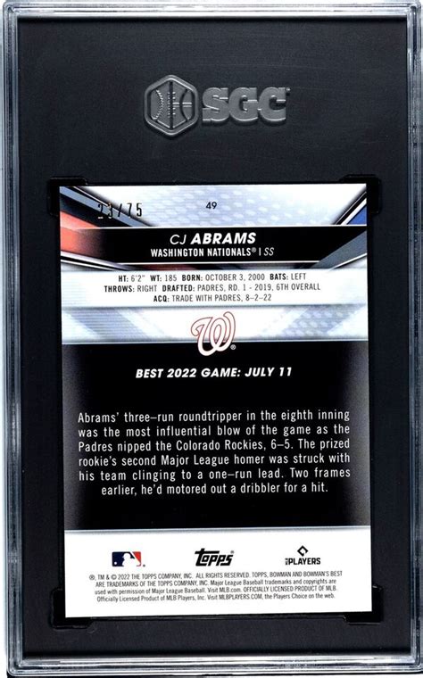 CJ ABRAMS 2022 Bowman S Best Gold Lava Refractor 75 SGC 10 GEM MINT