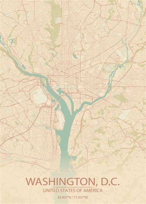 Washington Dc Vintage Map Poster Picture Metal Print Paint By Wall