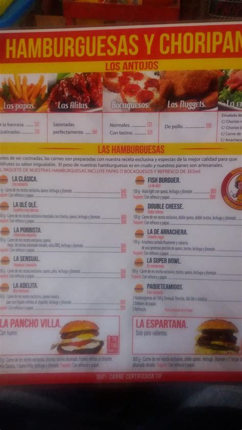 Carta Del Restaurante Hamburguesas Y Choripanes Ciudad López Mateos Enrique Rébsamen 105