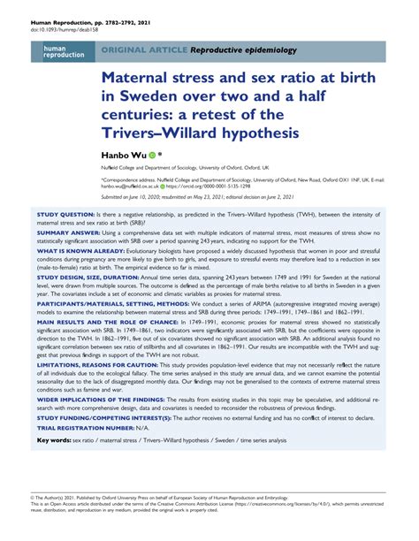 Pdf Maternal Stress And Sex Ratio At Birth In Sweden Over Two And A