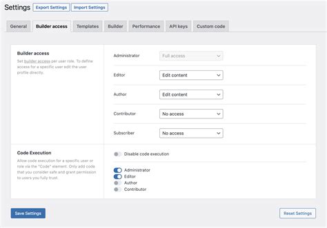 No Bug Export Settings Function Does Not Include Builder Access Tab