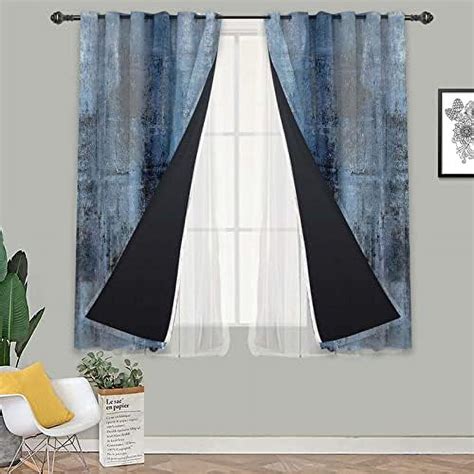 Dark Blue Curtains for Living Room Sheer Curtains with Blackout Panels ...