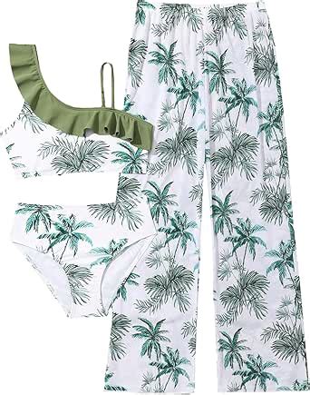 Amazon Oyoangle Girl S Piece Swimsuit Tropical Print Ruffle Trim Asymmetrical Neck Bikini