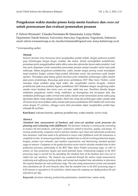 PDF Pengukuran Waktu Standar Proses Kerja Mesin Bandsaw Dan Cross Cut